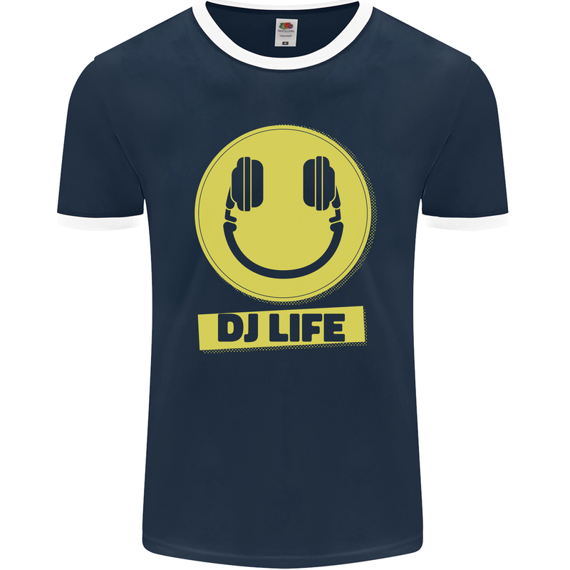 Headphones DJ Life Acid Face Vinyl Decks Mens Ringer T-Shirt FotL Navy Blue/White