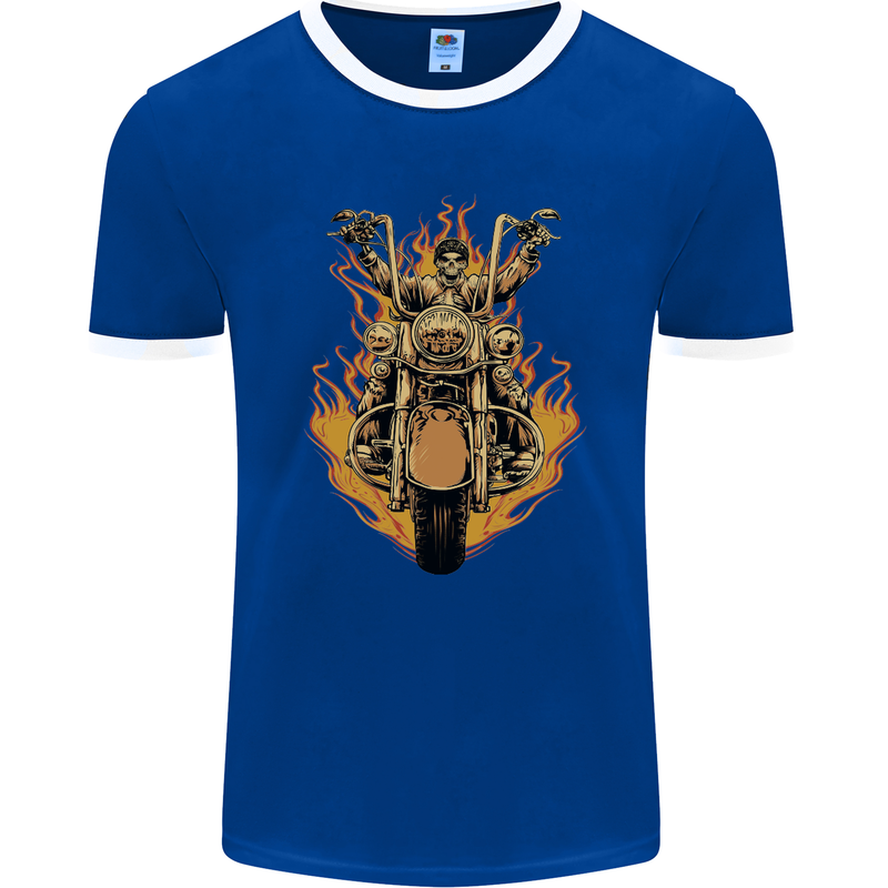 Skeleton Motorcycle Rider Mens Ringer T-Shirt FotL Royal Blue/White