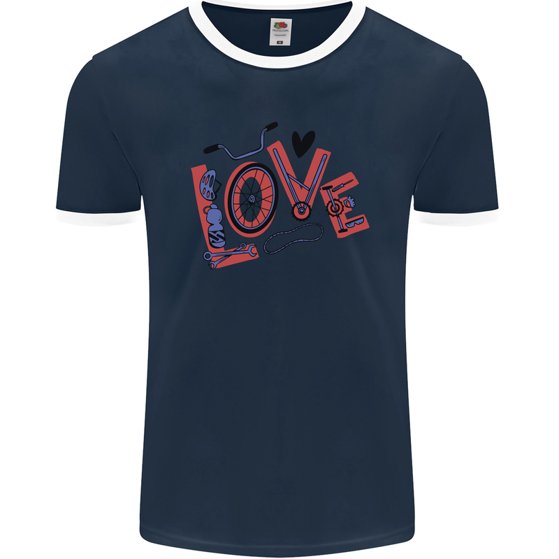 Love Cycling Funny Bicycle Bike Mens Ringer T-Shirt FotL Navy Blue/White