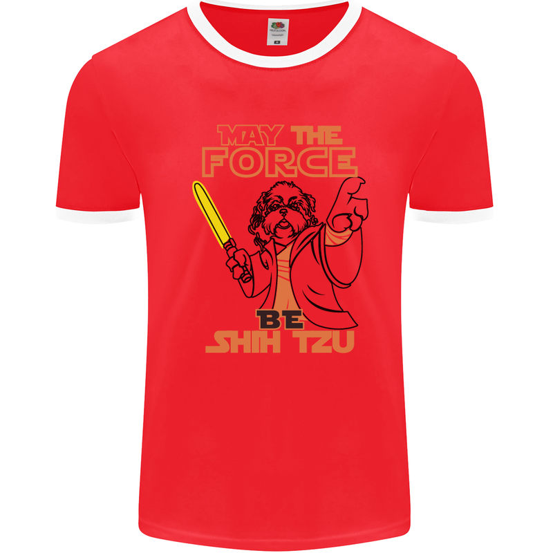 May the Force Be Shih Tzu Dog Funny Mens White Ringer T-Shirt Red/White