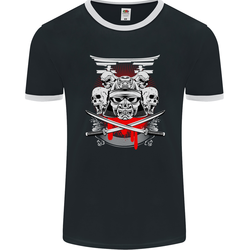 Samurai Skulls Japan Martial Arts MMA Mens Ringer T-Shirt FotL Black/White