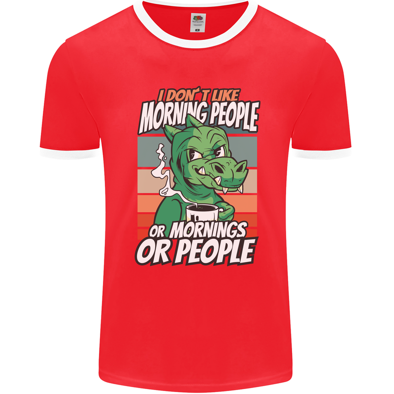 Dinosaur I Don't Like Morning People Funny Mens Ringer T-Shirt FotL Red/White