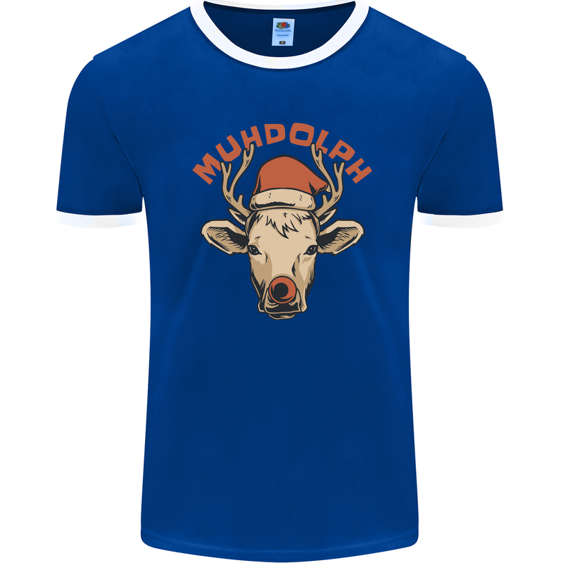 Muhdolf Funny Rudolf Christmas Cow Mens Ringer T-Shirt FotL Royal Blue/White