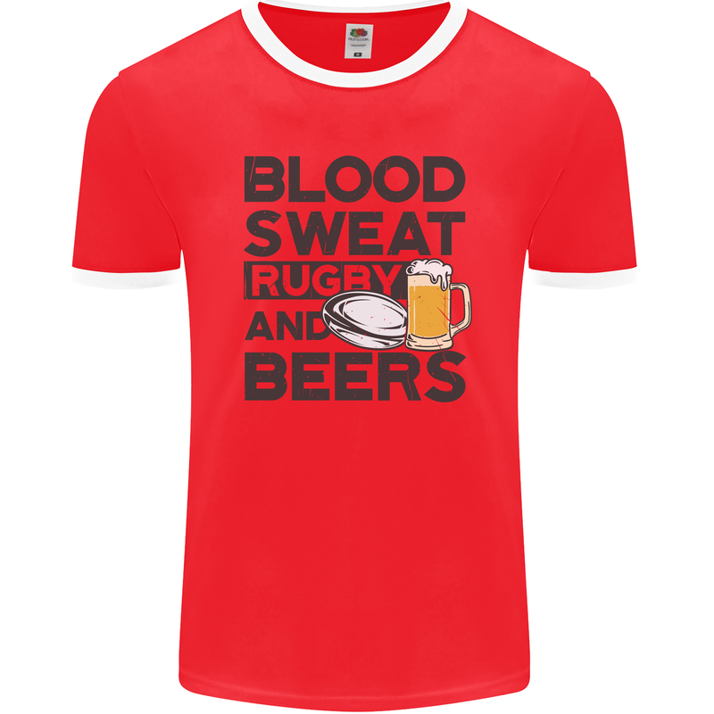 Blood Sweat Rugby and Beers Funny Mens Ringer T-Shirt FotL Red/White