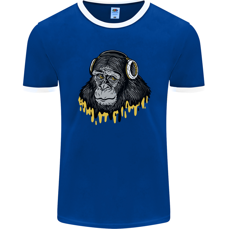 Monkey DJ Headphones Music Mens Ringer T-Shirt FotL Royal Blue/White