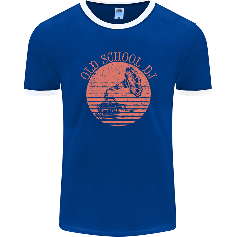 Old School DJ Gramaphone DJing Music Mens Ringer T-Shirt FotL Royal Blue/White