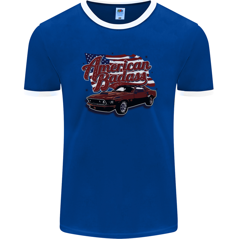 American Badass Muscle Car Mens Ringer T-Shirt FotL Royal Blue/White