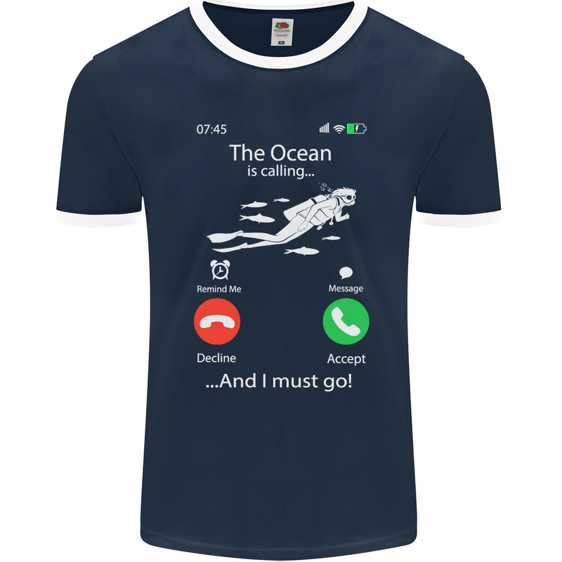 The Ocean Is Calling Scuba Diving Diver Mens Ringer T-Shirt FotL Navy Blue/White