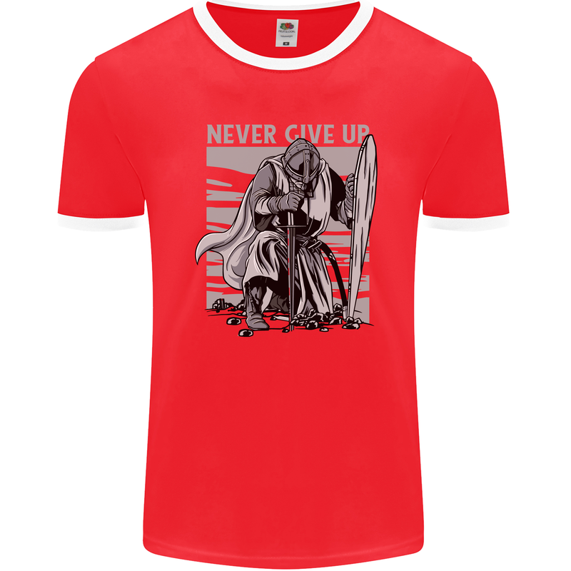 Teutonic Knight Never Give Up Crusader Gym Mens Ringer T-Shirt FotL Red/White