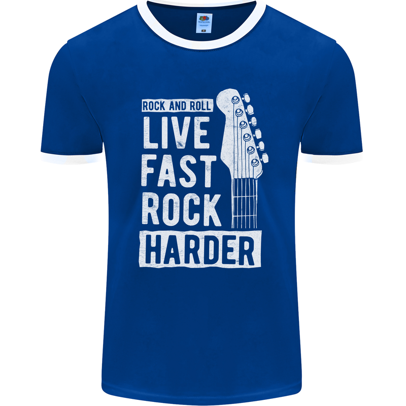 Live Fast Rock Harder Guitar & Roll Music Mens Ringer T-Shirt FotL Royal Blue/White