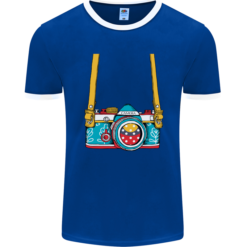 Photography Camera Around Neck Mens Ringer T-Shirt FotL Royal Blue/White