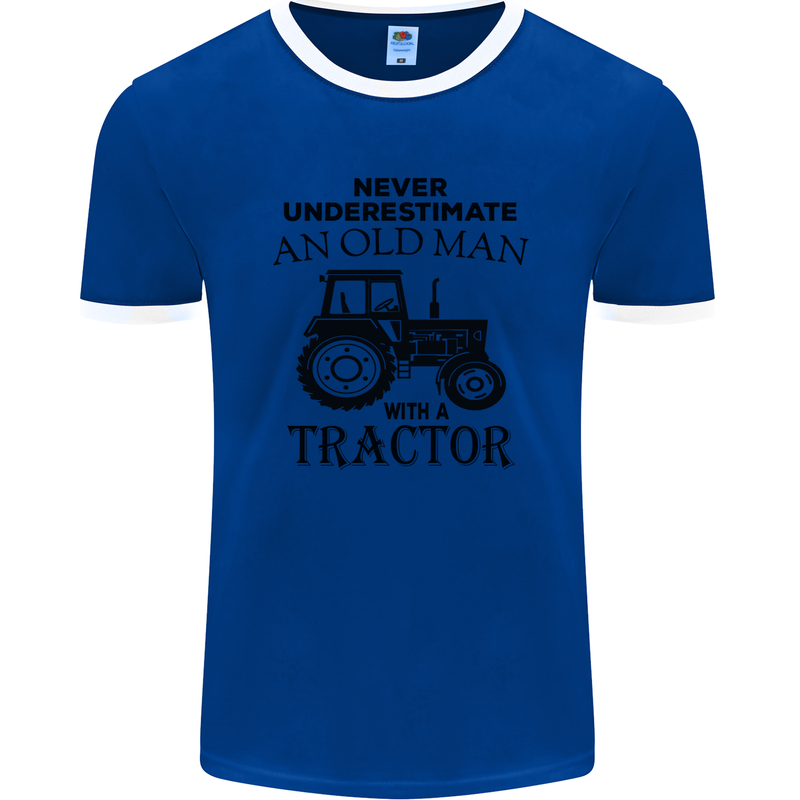 Old Man With a Tractor Driver Farmer Farm Mens Ringer T-Shirt FotL Royal Blue/White