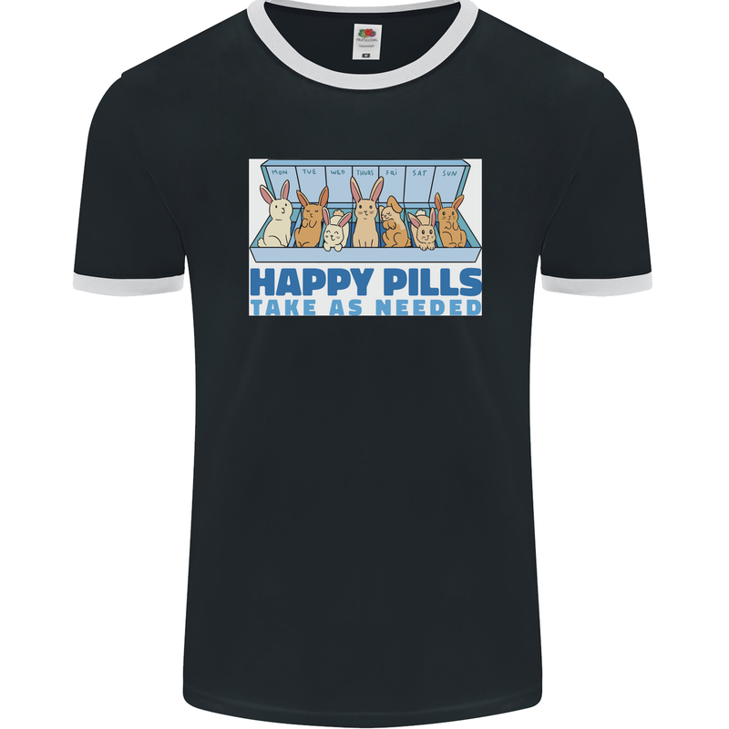 Bunny Rabbit Happy Pills Antidepressant Mens Ringer T-Shirt FotL Black/White