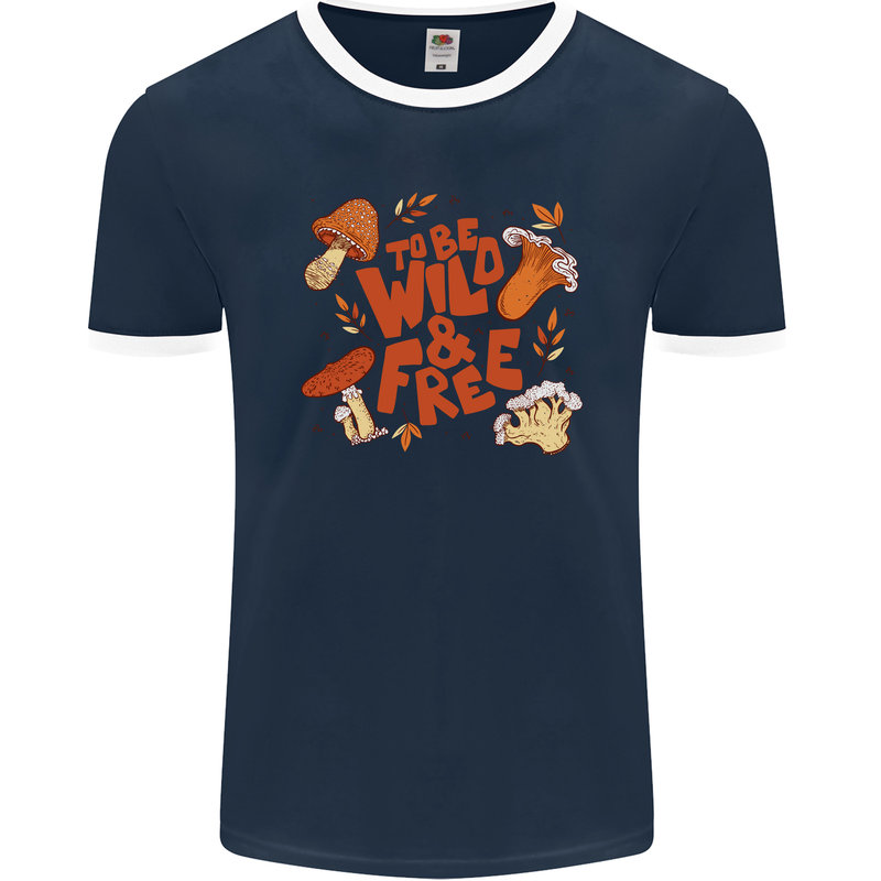 Wild & Free Mushroom Foraging Nature Mens Ringer T-Shirt FotL Navy Blue/White