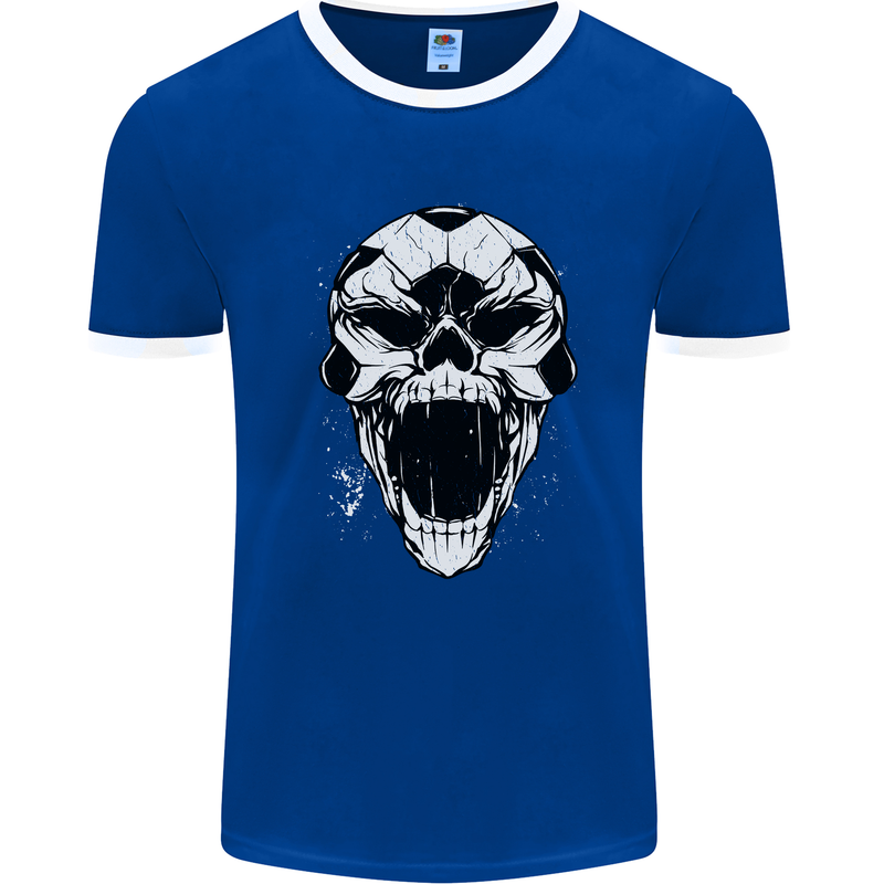 A Football Skull Soccer Footy Mens White Ringer T-Shirt Royal Blue/White