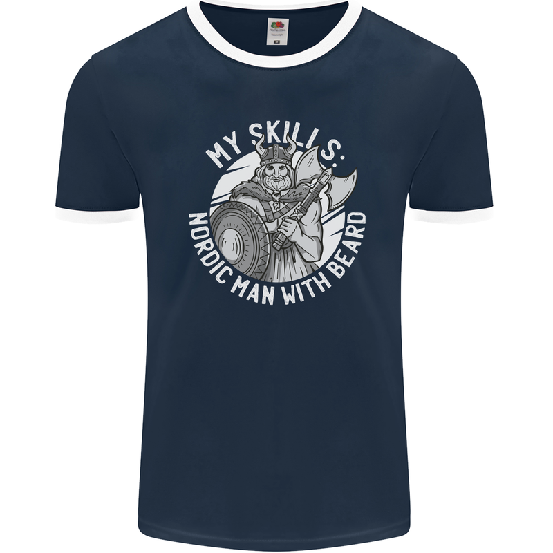 Nordic Man With Beard Funny Viking Mens Ringer T-Shirt FotL Navy Blue/White