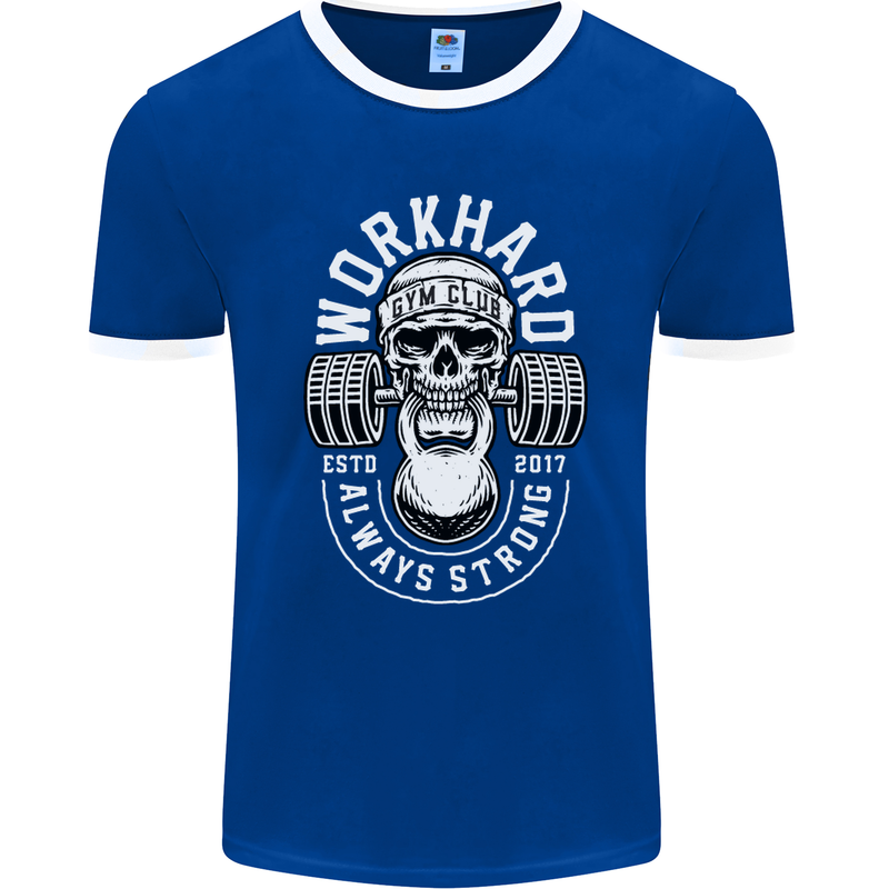 Work Hard Gym Training Top Workout Weights Mens Ringer T-Shirt FotL Royal Blue/White