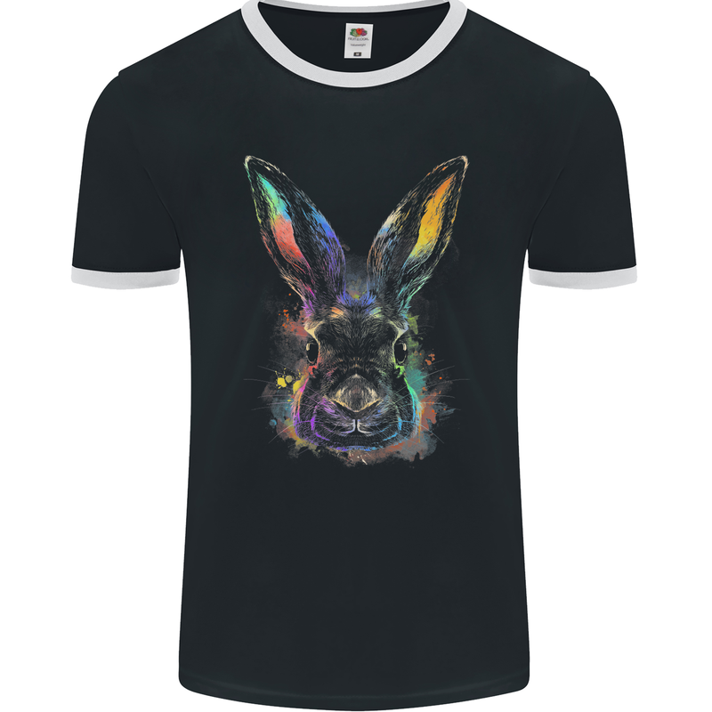 Watercolour Rabbit Bunny Mens Ringer T-Shirt FotL Black/White