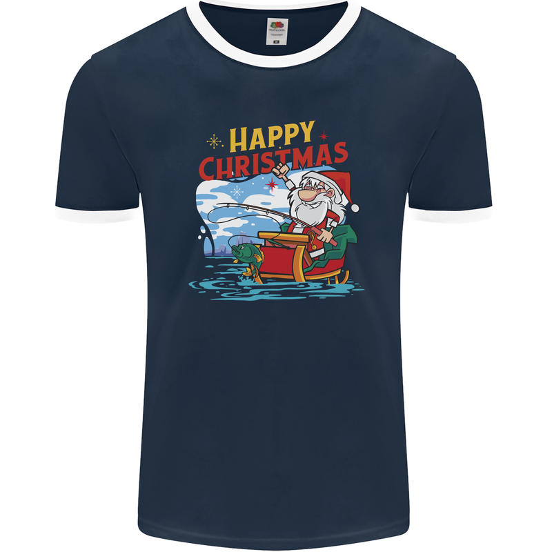 Santa Clause Fishing Funny Christmas Mens Ringer T-Shirt FotL Navy Blue/White