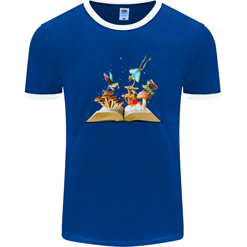Trippy Nature Book Magic Mushrooms LSD Mens Ringer T-Shirt FotL Royal Blue/White