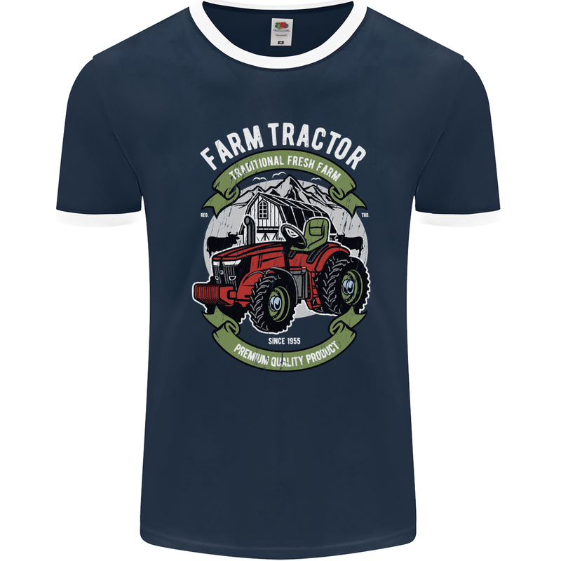 Farm Tractor Farming Farmer Mens Ringer T-Shirt FotL Navy Blue/White