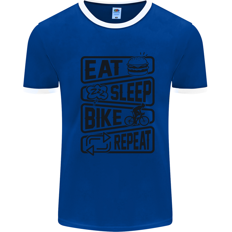 Cycling Eat Sleep Bike Repeat Funny Bicycle Mens White Ringer T-Shirt Royal Blue/White