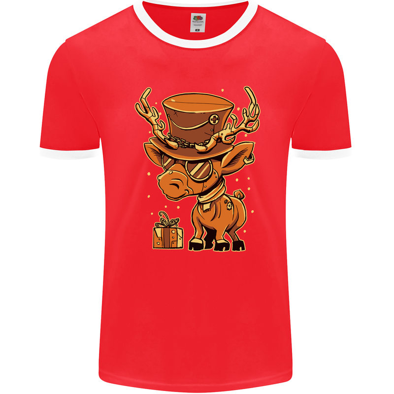 Steampunk Reindeer Funny Christmas Mens Ringer T-Shirt FotL Red/White