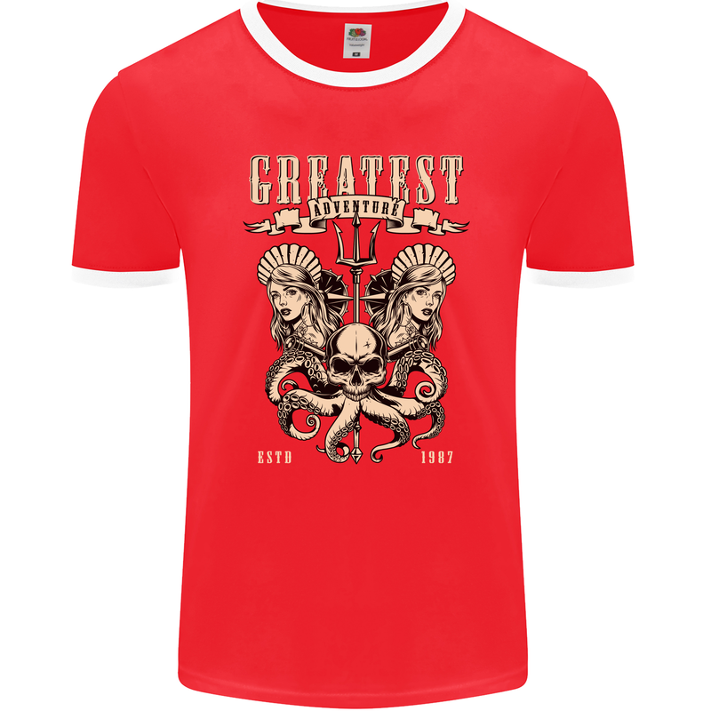 Trident Skull Scuba Diving Octopus Cthulhu Mens Ringer T-Shirt FotL Red/White