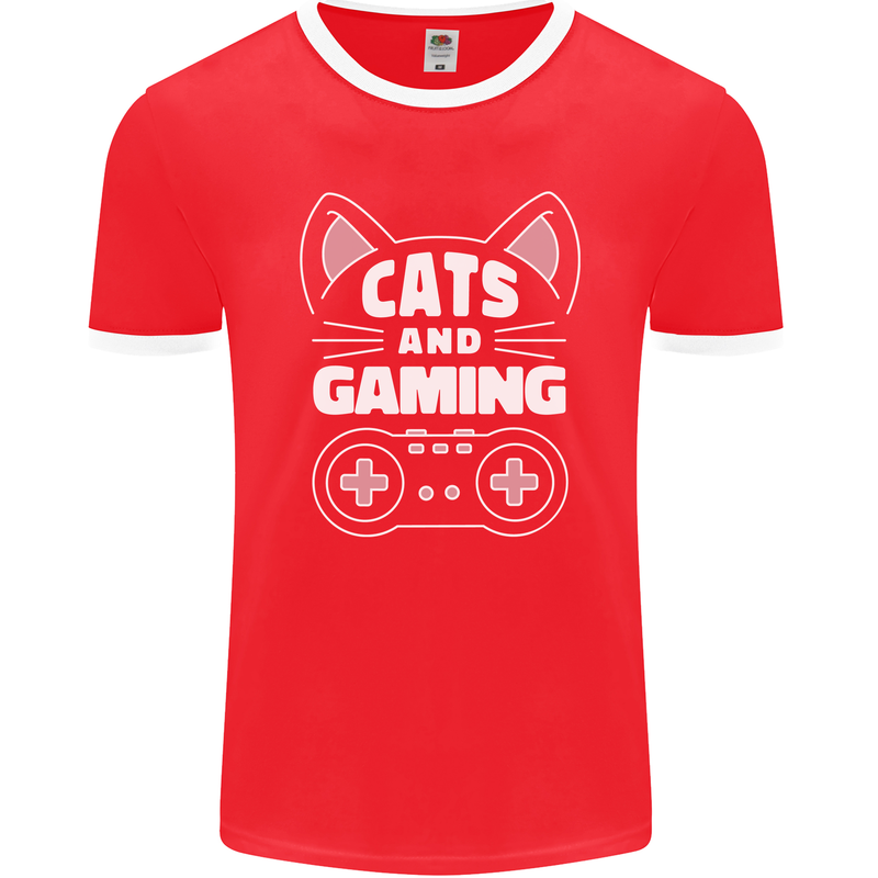 Cats and Gaming Funny Gamer Mens Ringer T-Shirt FotL Red/White