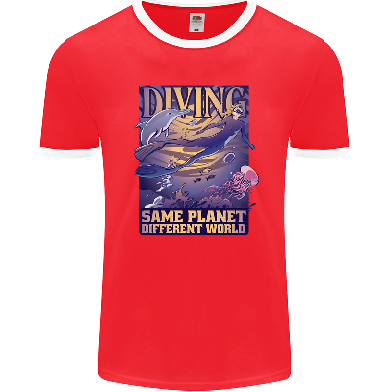 Diver Same Planet Different World Mens Ringer T-Shirt FotL Red/White