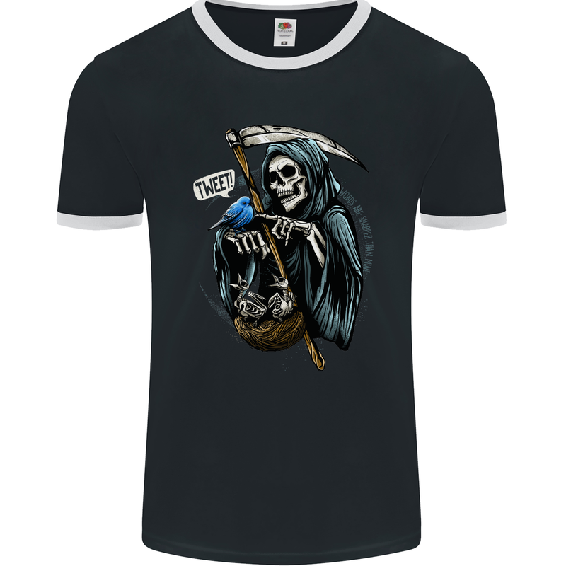 The Grim Reaper Skull Heavy Metal Gothic Mens Ringer T-Shirt FotL Black/White