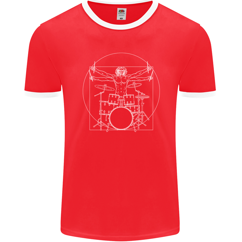 Vitruvian Drummer Funny Drumming Mens Ringer T-Shirt FotL Red/White