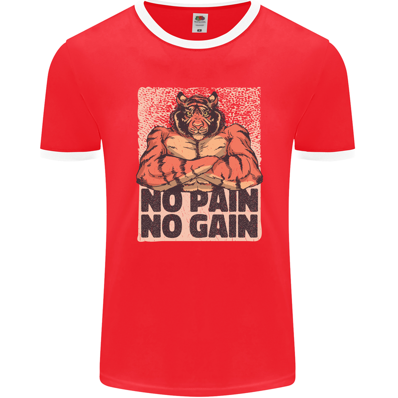 Gym Tiger No Pain No Gain Training Top Mens Ringer T-Shirt FotL Red/White