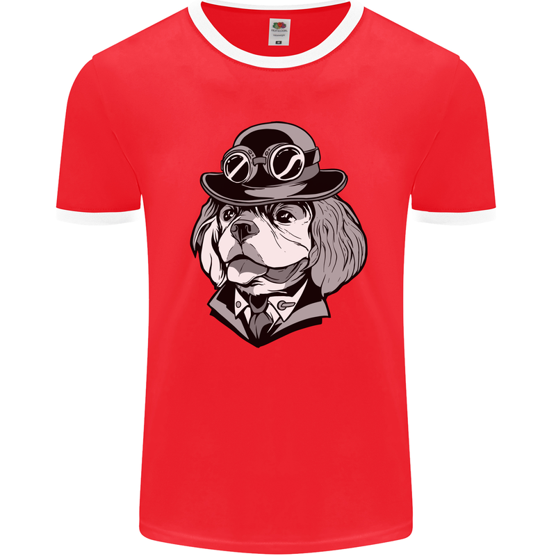 Steampunk King Charles Spaniel Cavelier Mens Ringer T-Shirt FotL Red/White