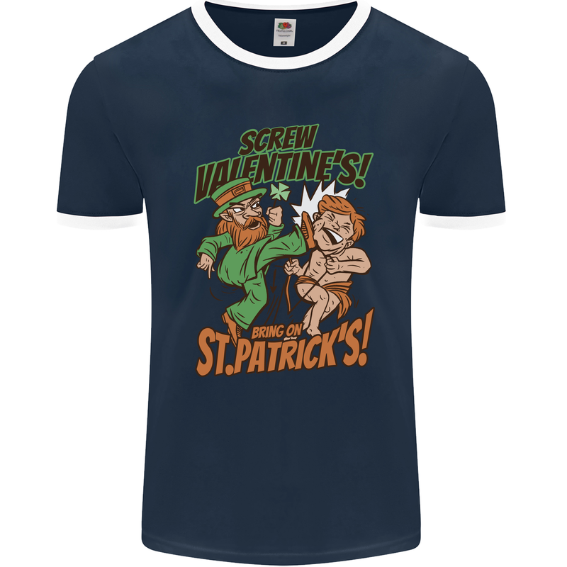 Screw Valentine's Day Funny St. Patrick's Mens Ringer T-Shirt FotL Navy Blue/White