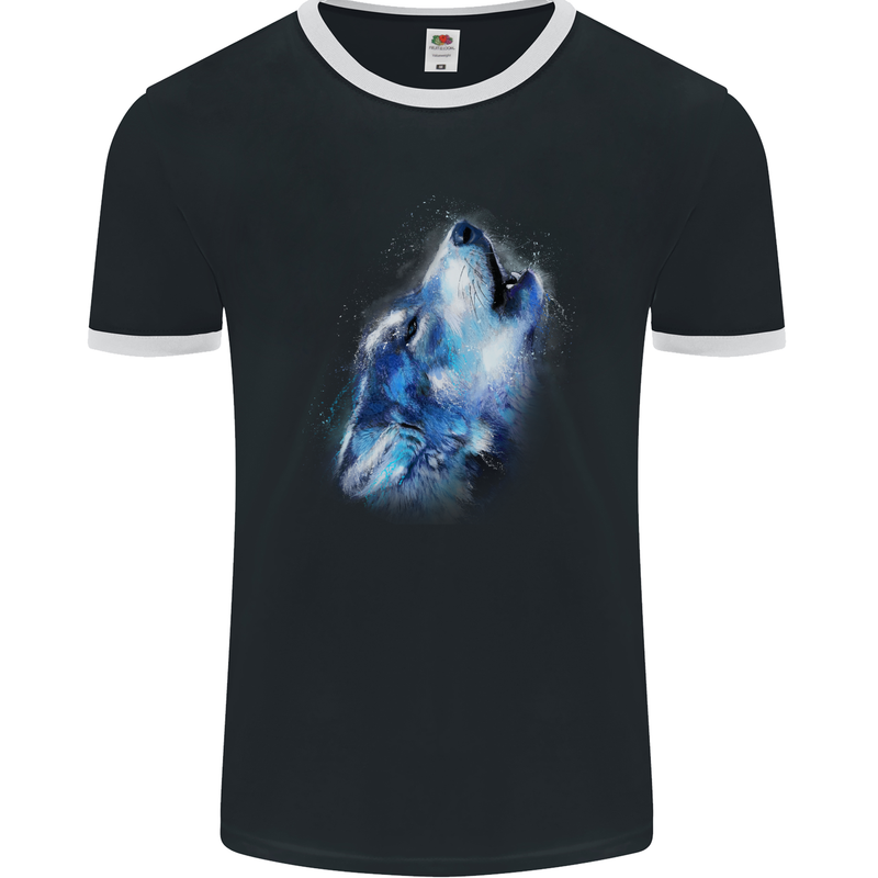 A Wolf Watercolour Mens Ringer T-Shirt FotL Black/White