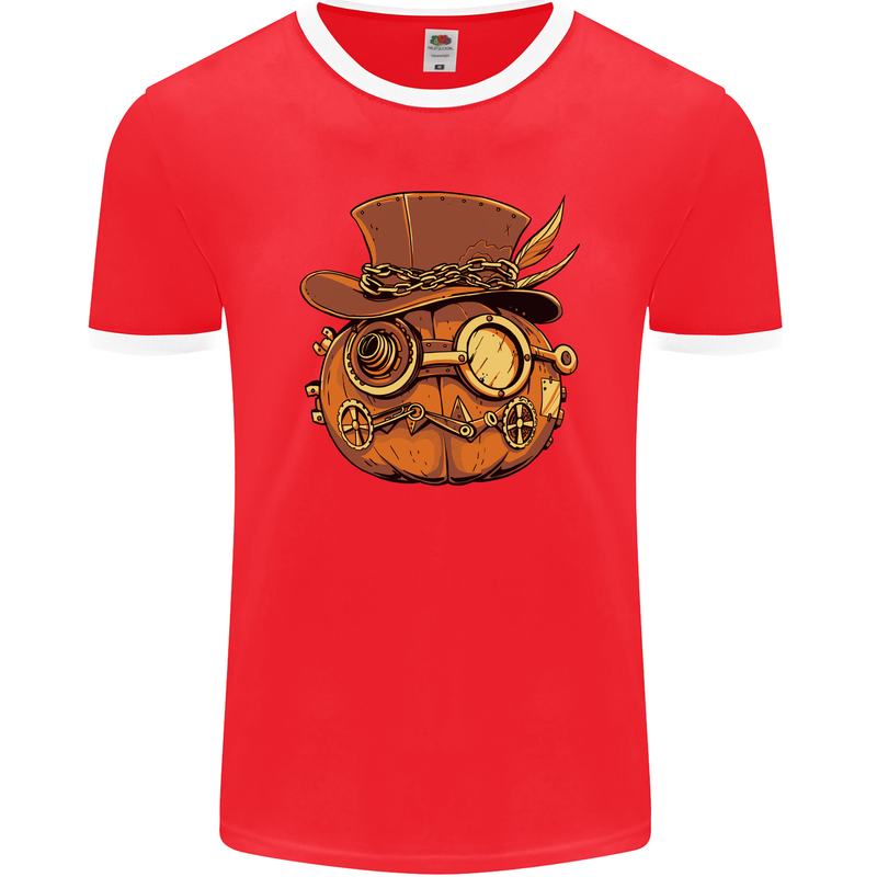 Steampunk Pumpkin Halloween Mens Ringer T-Shirt FotL Red/White