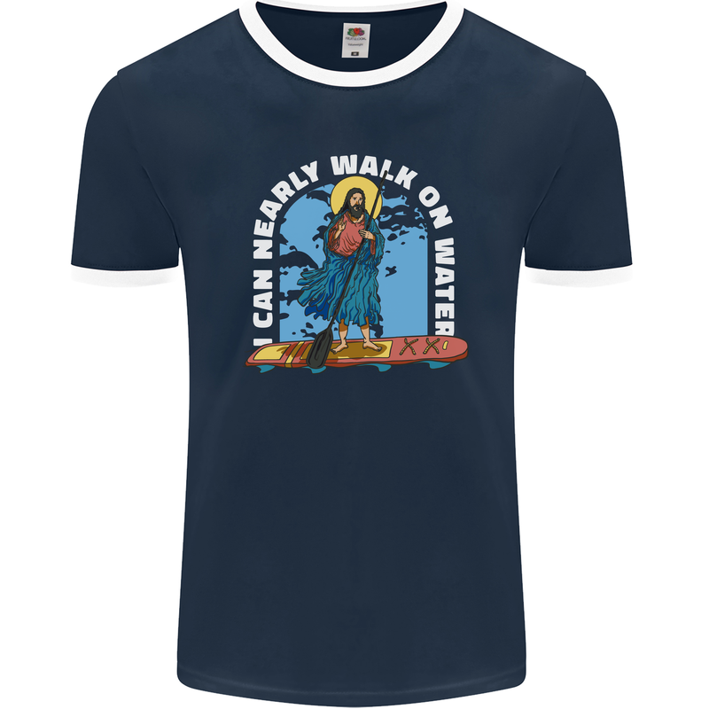 Funny Paddleboarder Jesus Paddleboarding Mens Ringer T-Shirt FotL Navy Blue/White