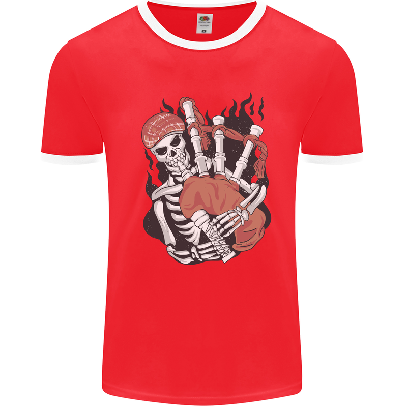 Bagpipes Skeleton Mens Ringer T-Shirt Red/White