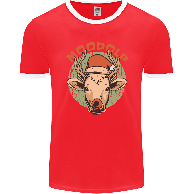 Moodolf Funny Rudolf Christmas Cow Mens Ringer T-Shirt FotL Red/White