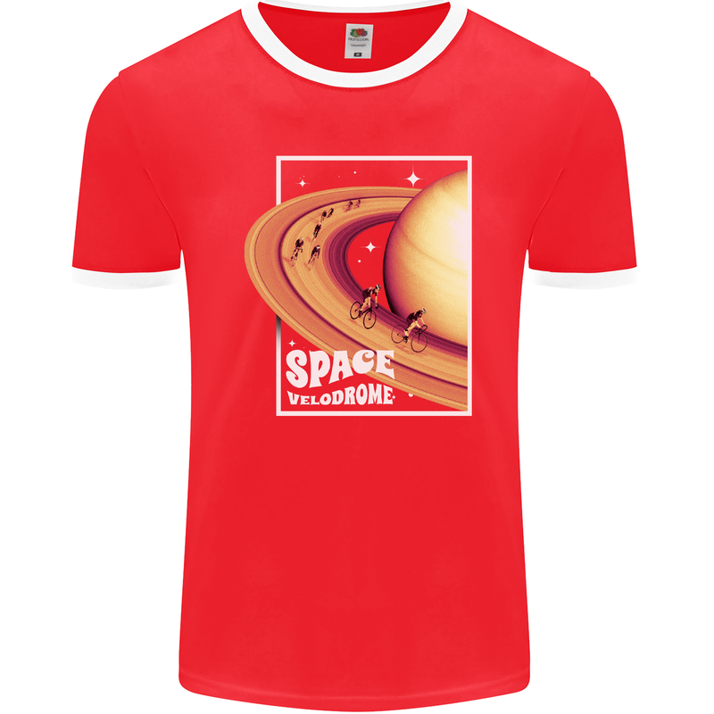 Space Velodrome Cycling Cyclist Bicycle Mens Ringer T-Shirt FotL Red/White