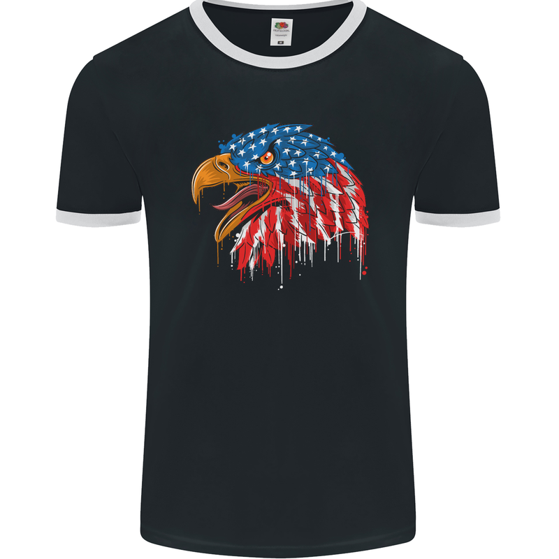 American Eagle USA Flag July 4th Mens Ringer T-Shirt FotL Black/White