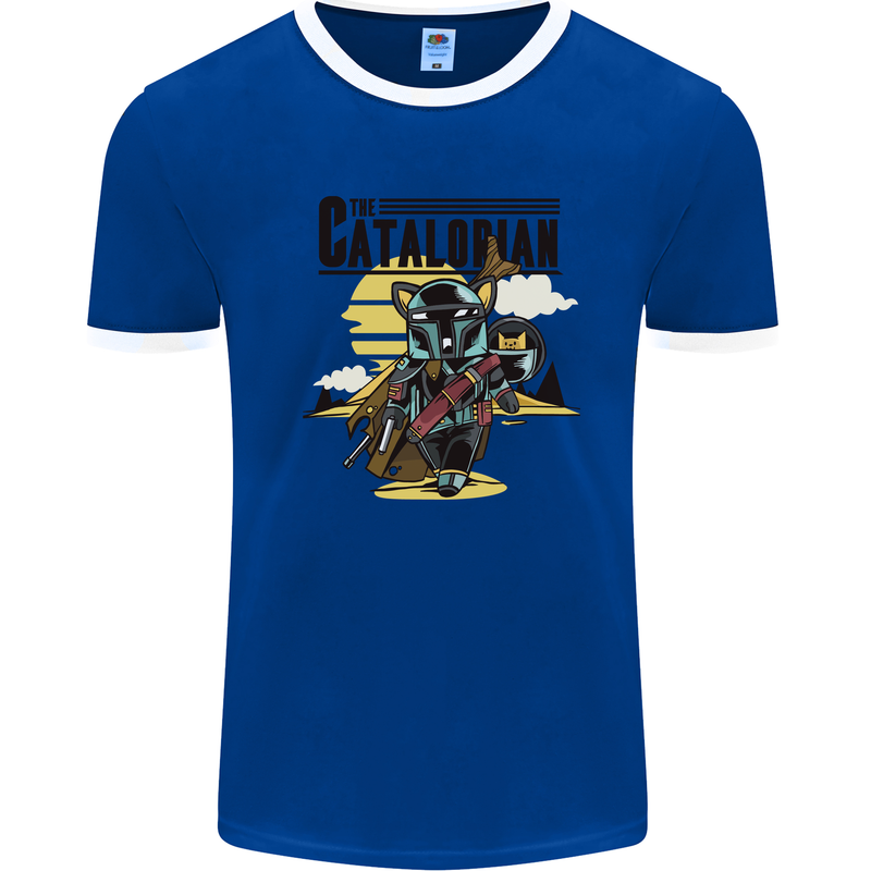 Catalorian Funny Cat Parody Mens White Ringer T-Shirt Royal Blue/White