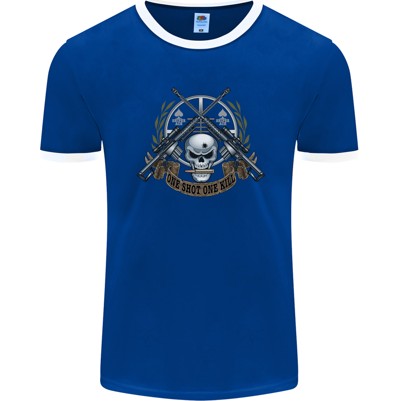 Sniper Ace One Shot Kill Para Marine Army Mens Ringer T-Shirt FotL Royal Blue/White