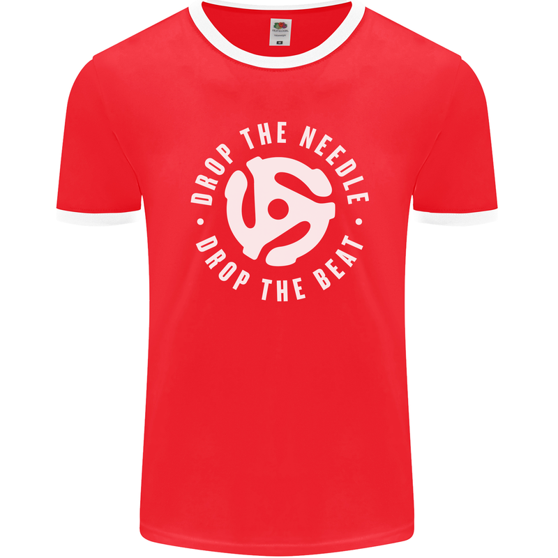 Drop the Needle DJ Turntable Decks Vinyl Mens Ringer T-Shirt FotL Red/White