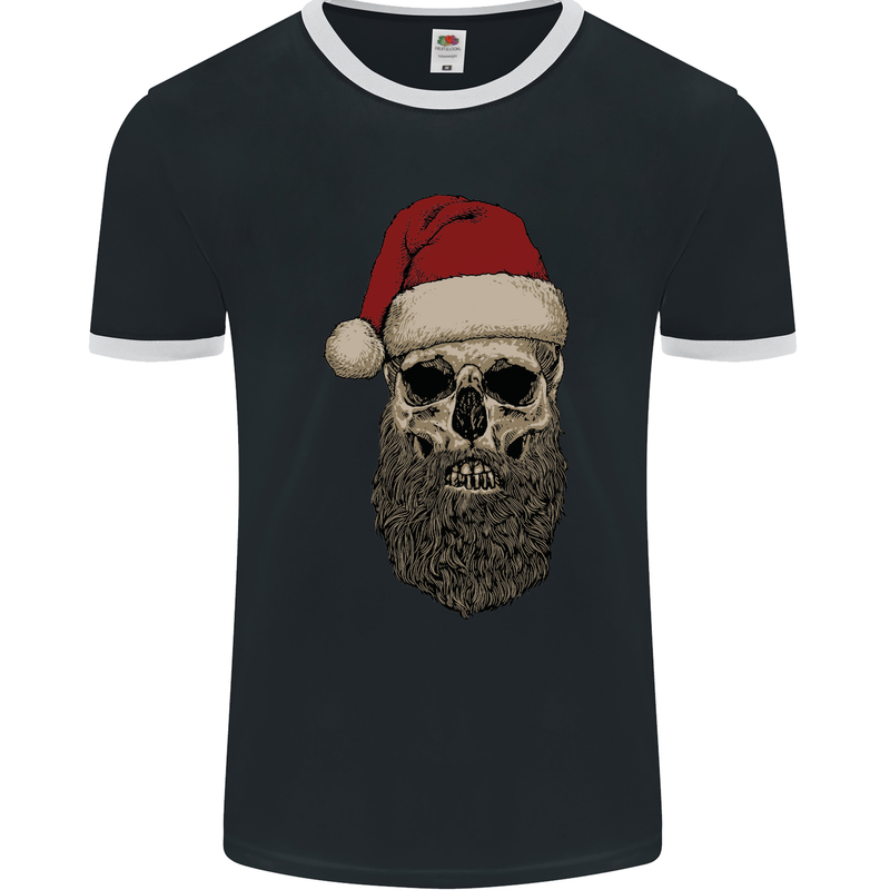 Santa Skull Gothic Heavy Metal Christmas Mens Ringer T-Shirt FotL Black/White