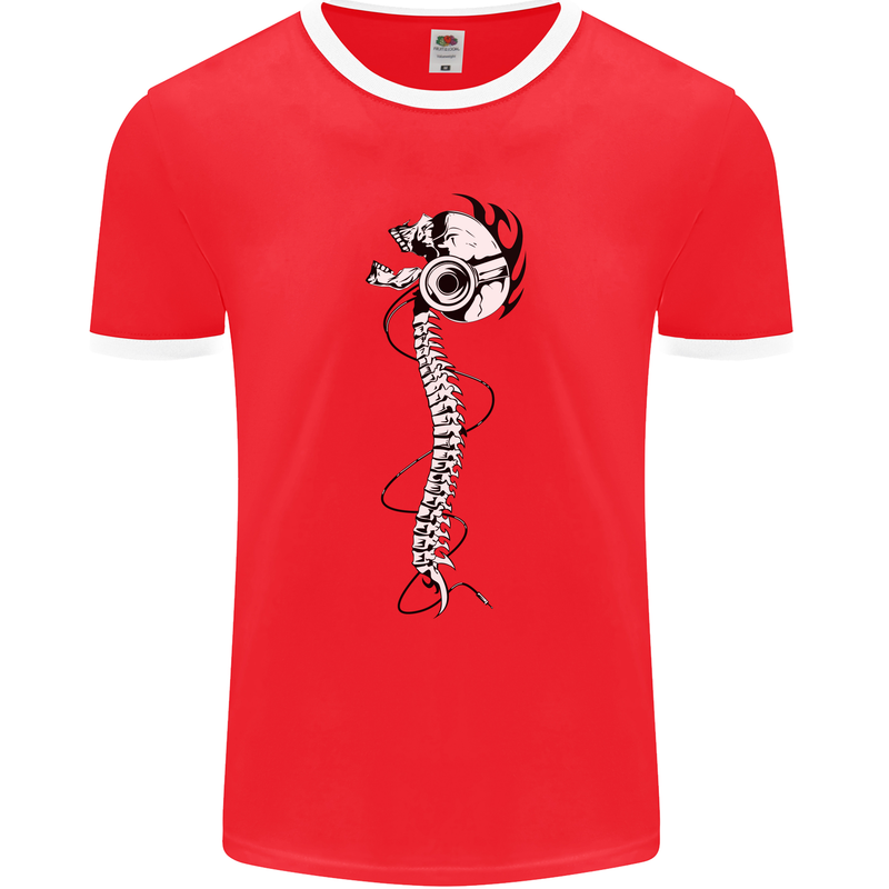 Headphone Wearing Skull Spine Mens Ringer T-Shirt FotL Red/White
