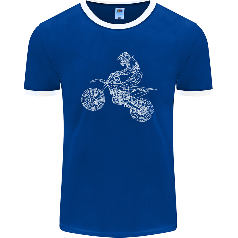 Motocross Line Drawing Dirt Bike MotoX Mens Ringer T-Shirt FotL Royal Blue/White