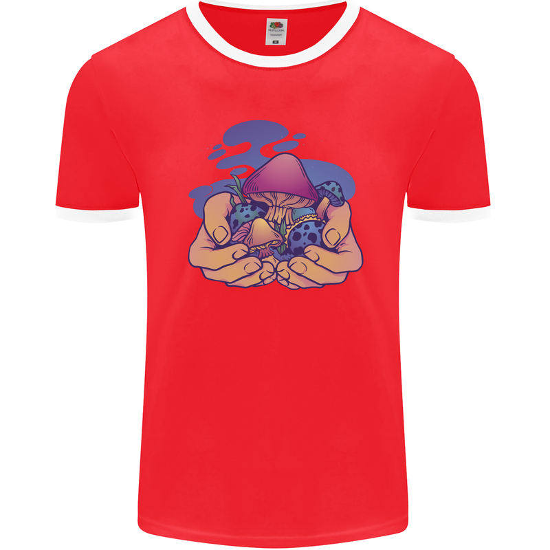 Magic Mushroom Hands Mycology Trippy Mens Ringer T-Shirt FotL Red/White