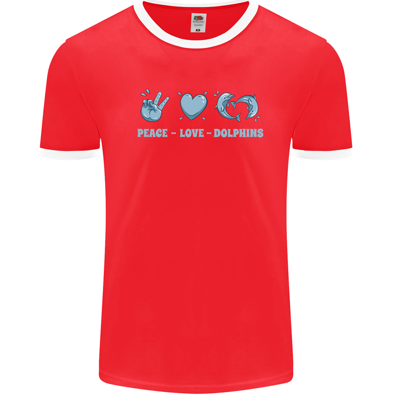 Peace Love Dolphins Mens Ringer T-Shirt Red/White